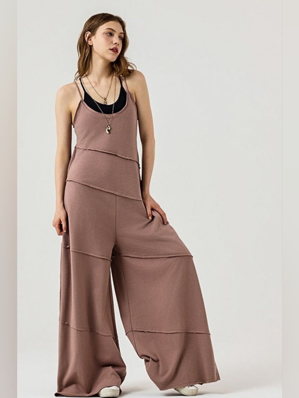 A7-0609 Wide Leg Strappy Cotton Blend Boho Jumpsuit - Mushroom